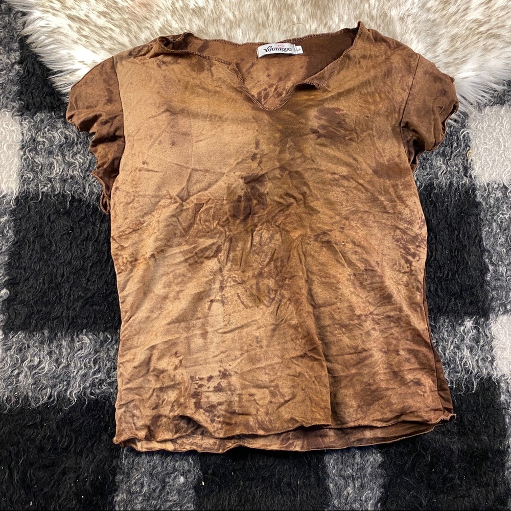 Vintage 90s Y2k brown tie dye stretchy knit top L